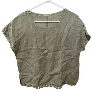 Francesca Bettini Womens Popover Blouse S 100% Linen Green Lace Hem Scoopneck